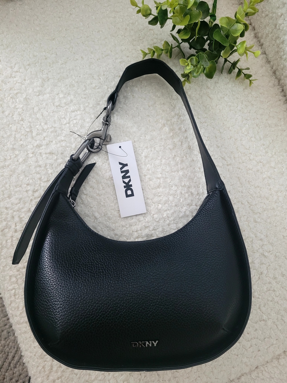DKNY Black Pebbled Leather Hobo Shoulder Bag with Silver Hardware